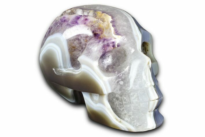 Realistic Polished Banded Agate Skull with Amethyst Crystal Pocket #378654